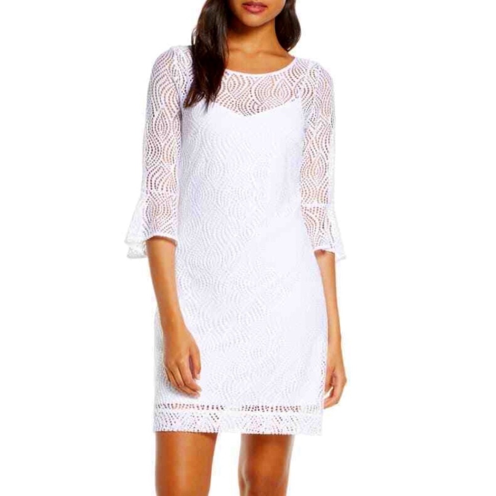 NWT Lilly Pulitzer Fontaine Dress Flowing Leaf Lace Resort White Bell Sleeve XXS